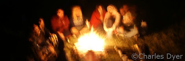 People sitting around campfire