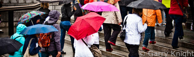 People walking up stairs holding umbrellas