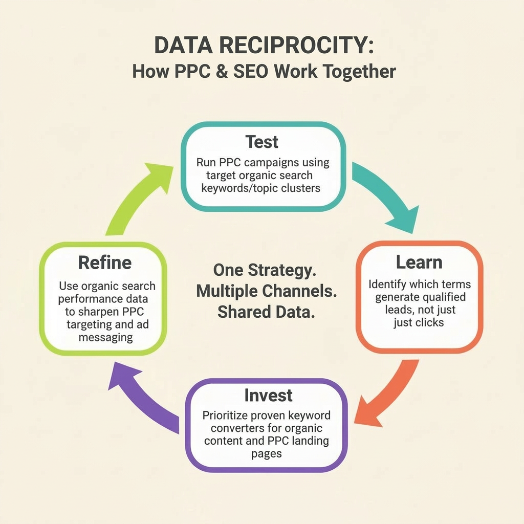 A circular flow diagram showing how PPC and SEO work together through four stages — Test, Learn, Invest, and Refine — with the central message: 'One Strategy. Multiple Channels. Shared Data.