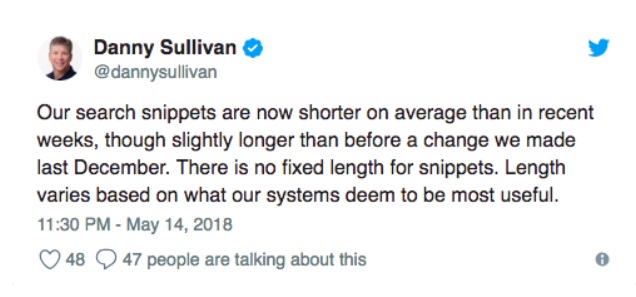 Danny Sullivan Tweet on May 14, 2018