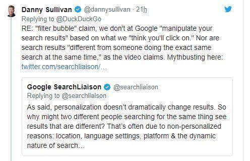 Google's Twitter response to DuckDuckGo via Danny Sullivan
