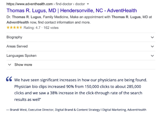 Advent Health rich snippets on SERP