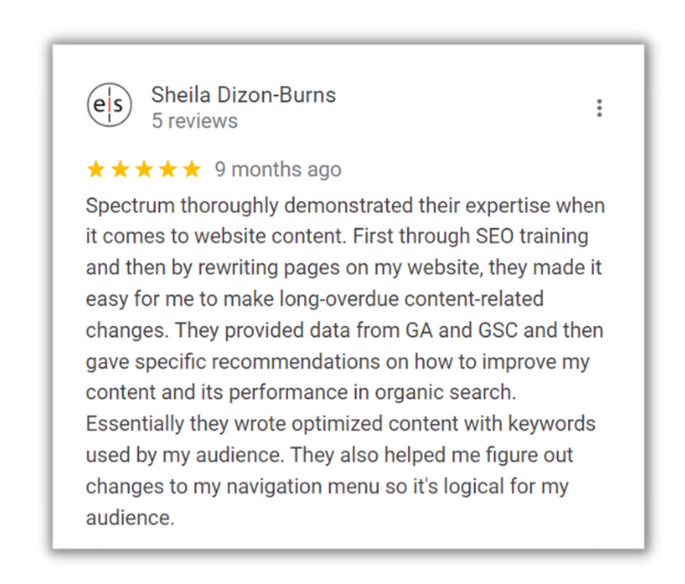review from spectrum group online's google business profile