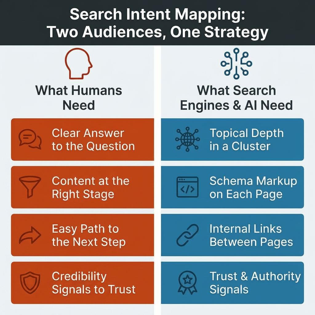 Diagram comparing user needs and search engine needs. Humans need clear answers, stage-matched content, next steps, and credibility. Search engines need topical depth, schema, internal links, and authority signals.
Show less
