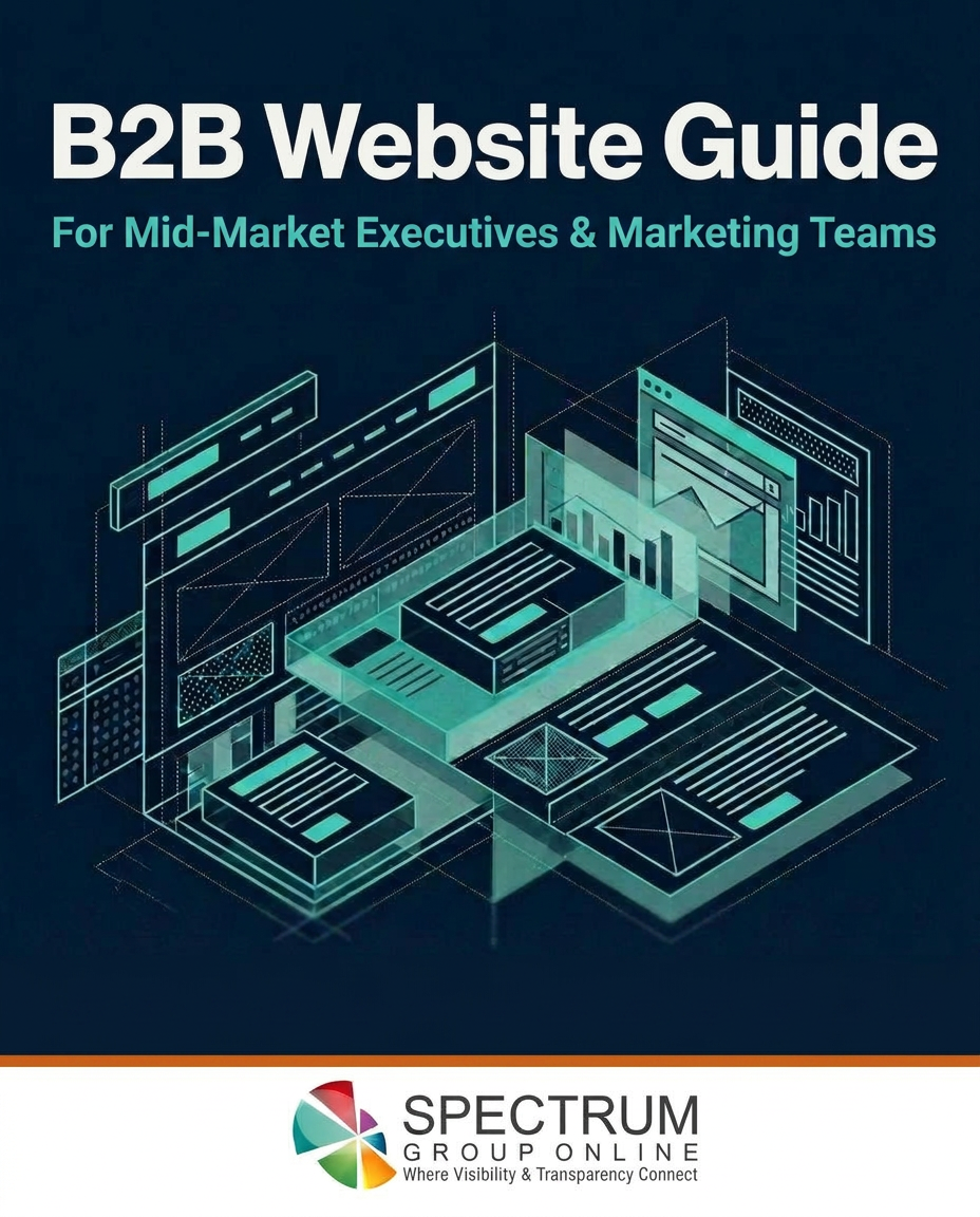 Ebook cover for "B2B Website Guide" by Spectrum Group Online, featuring glowing teal isometric wireframe website layouts on a dark background.
