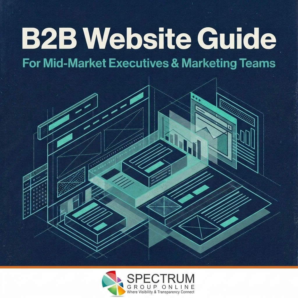 Ebook cover for "B2B Website Guide" by Spectrum Group Online, featuring glowing teal isometric wireframe website layouts on a dark background.