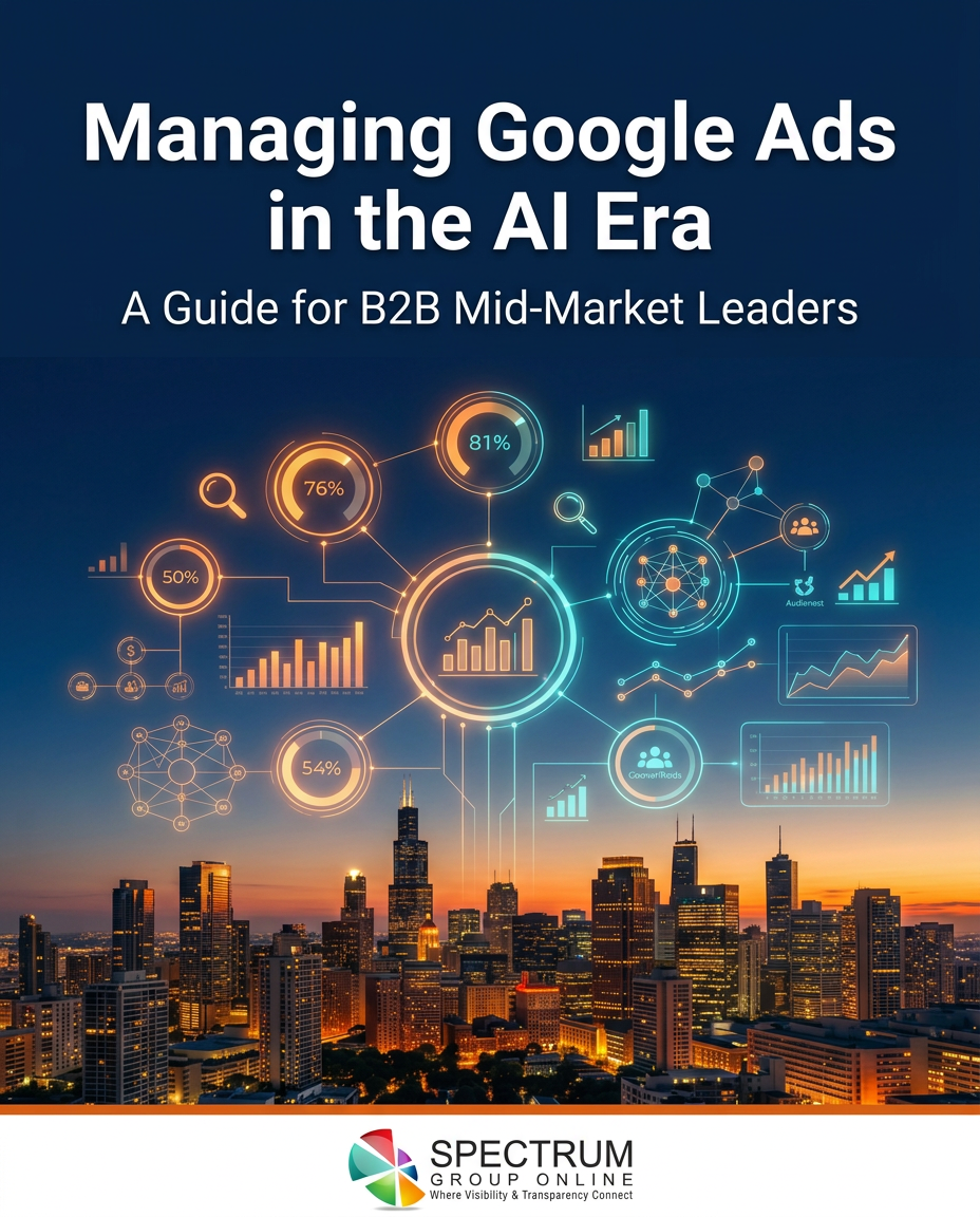 Ebook cover for "Managing Google Ads in the AI Era" by Spectrum Group Online, featuring glowing digital analytics graphics over a city skyline.