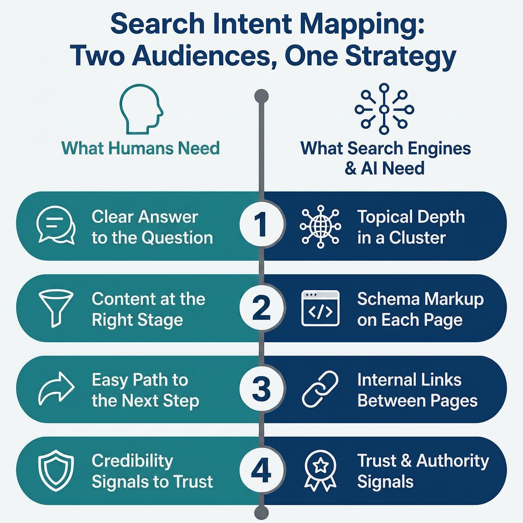 Diagram on Search Intent Mapping comparing human content needs with search engine and AI SEO requirements across 4 key stages.