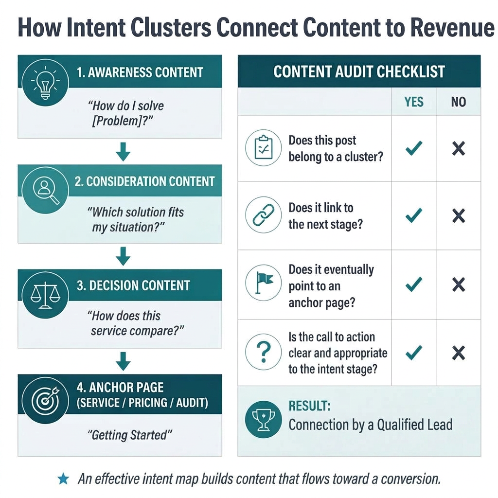 Diagram showing how content intent clusters lead to revenue, mapping a 4-stage funnel alongside a content audit checklist.